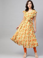 Jompers Women Beige, Orange & Green Floral Printed Georgette Kurta | Grocsy
