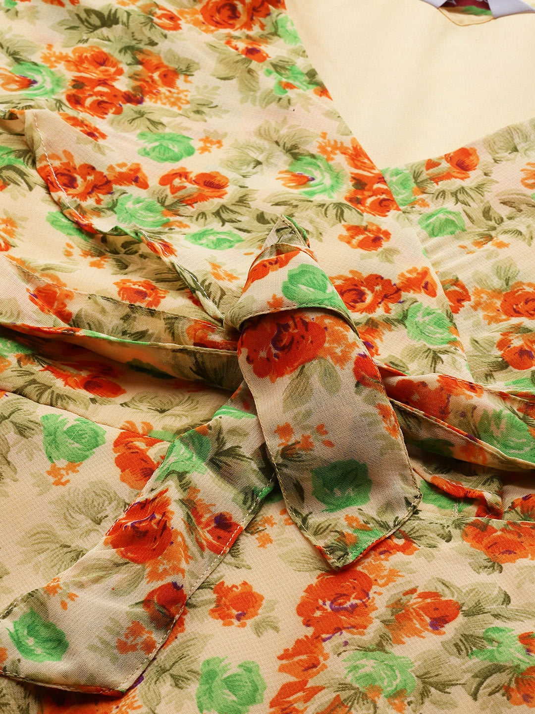 Jompers Women Beige, Orange & Green Floral Printed Georgette Kurta | Grocsy