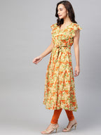 Jompers Women Beige, Orange & Green Floral Printed Georgette Kurta | Grocsy