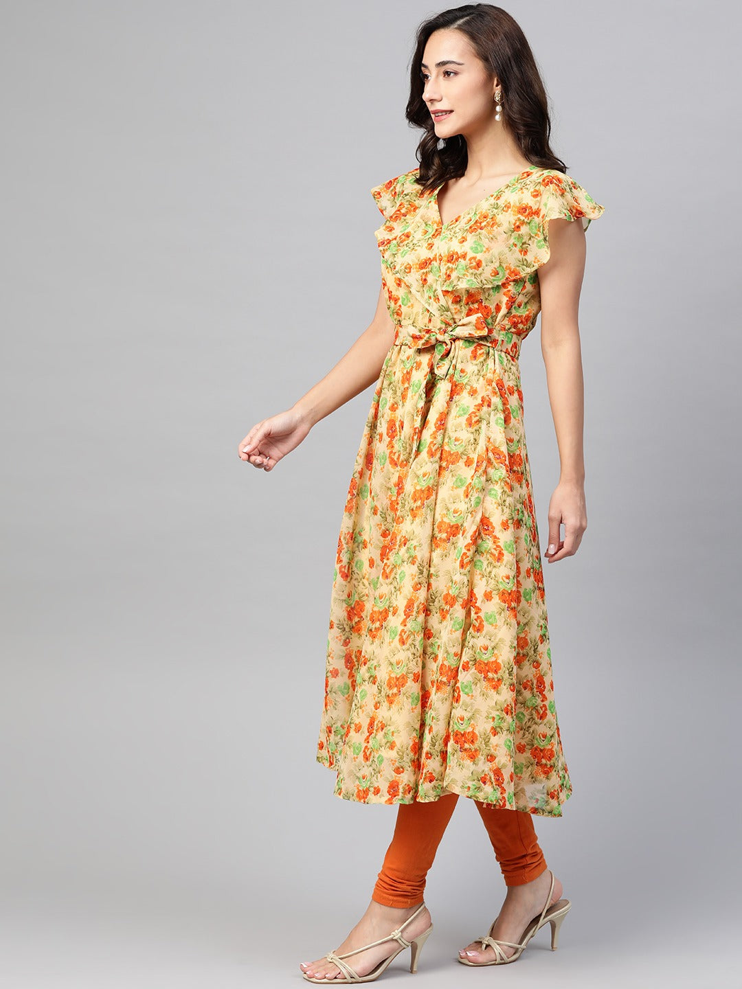 Jompers Women Beige, Orange & Green Floral Printed Georgette Kurta | Grocsy
