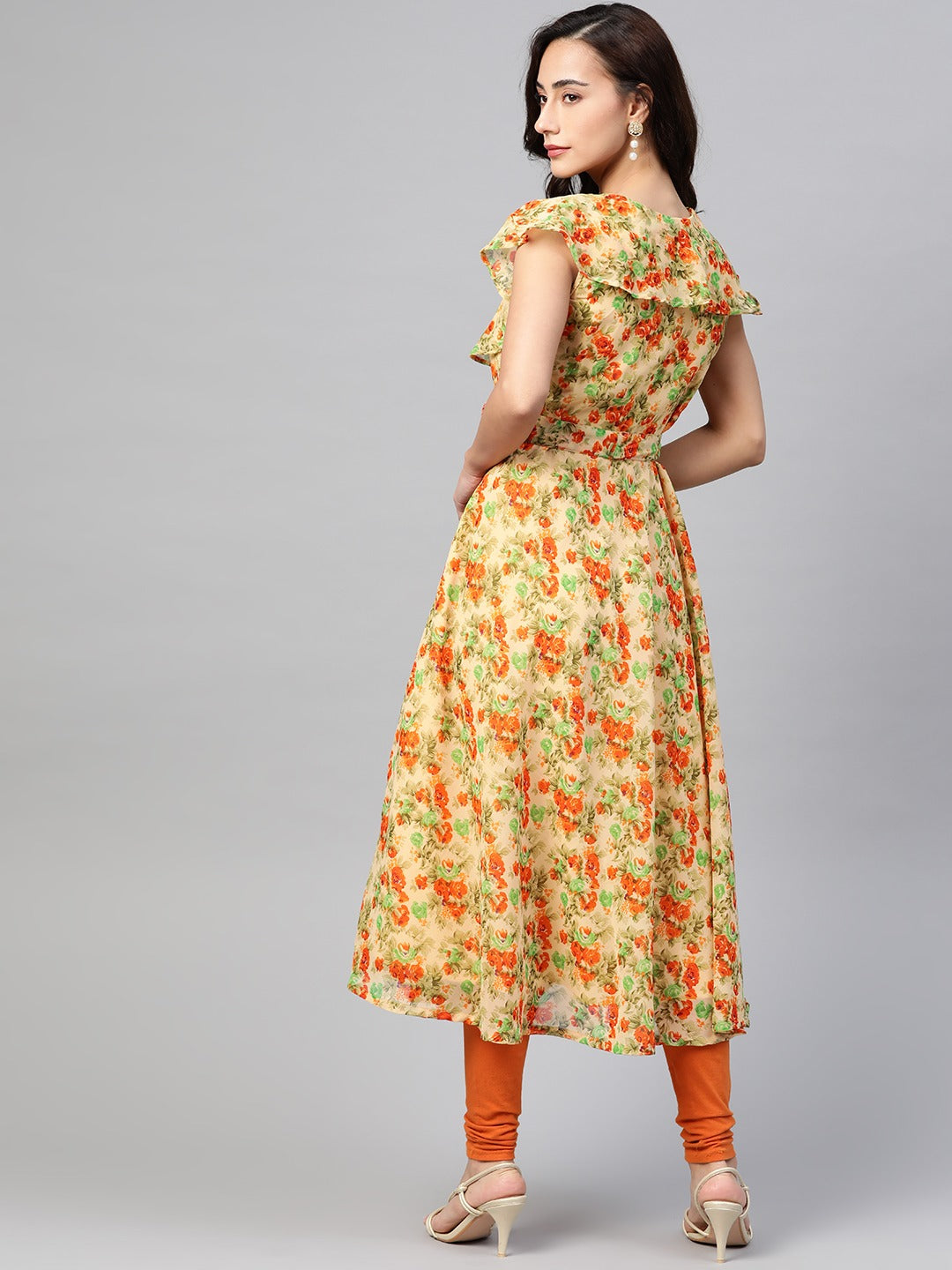 Jompers Women Beige, Orange & Green Floral Printed Georgette Kurta | Grocsy