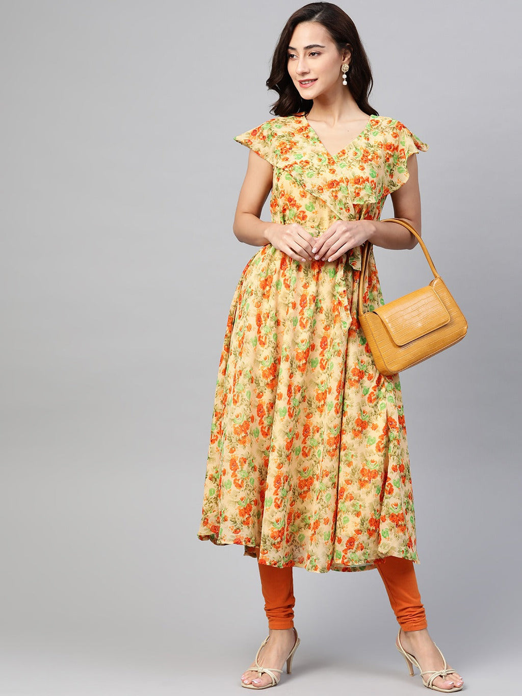 Jompers Women Beige, Orange & Green Floral Printed Georgette Kurta | Grocsy