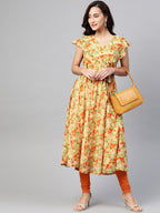 Jompers Women Beige, Orange & Green Floral Printed Georgette Kurta | Grocsy