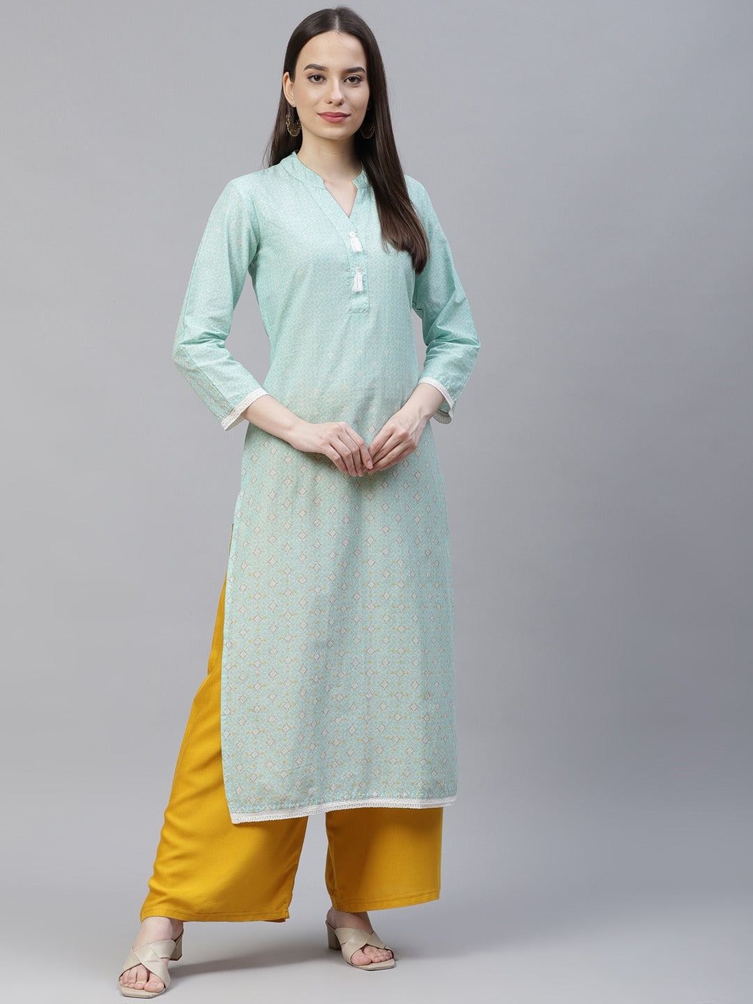 Jompers Women Blue & Off White Pure Cotton Ethnic Motifs Printed Kurta | Grocsy
