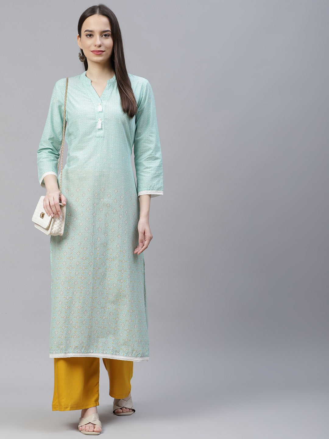 Jompers Women Blue & Off White Pure Cotton Ethnic Motifs Printed Kurta | Grocsy