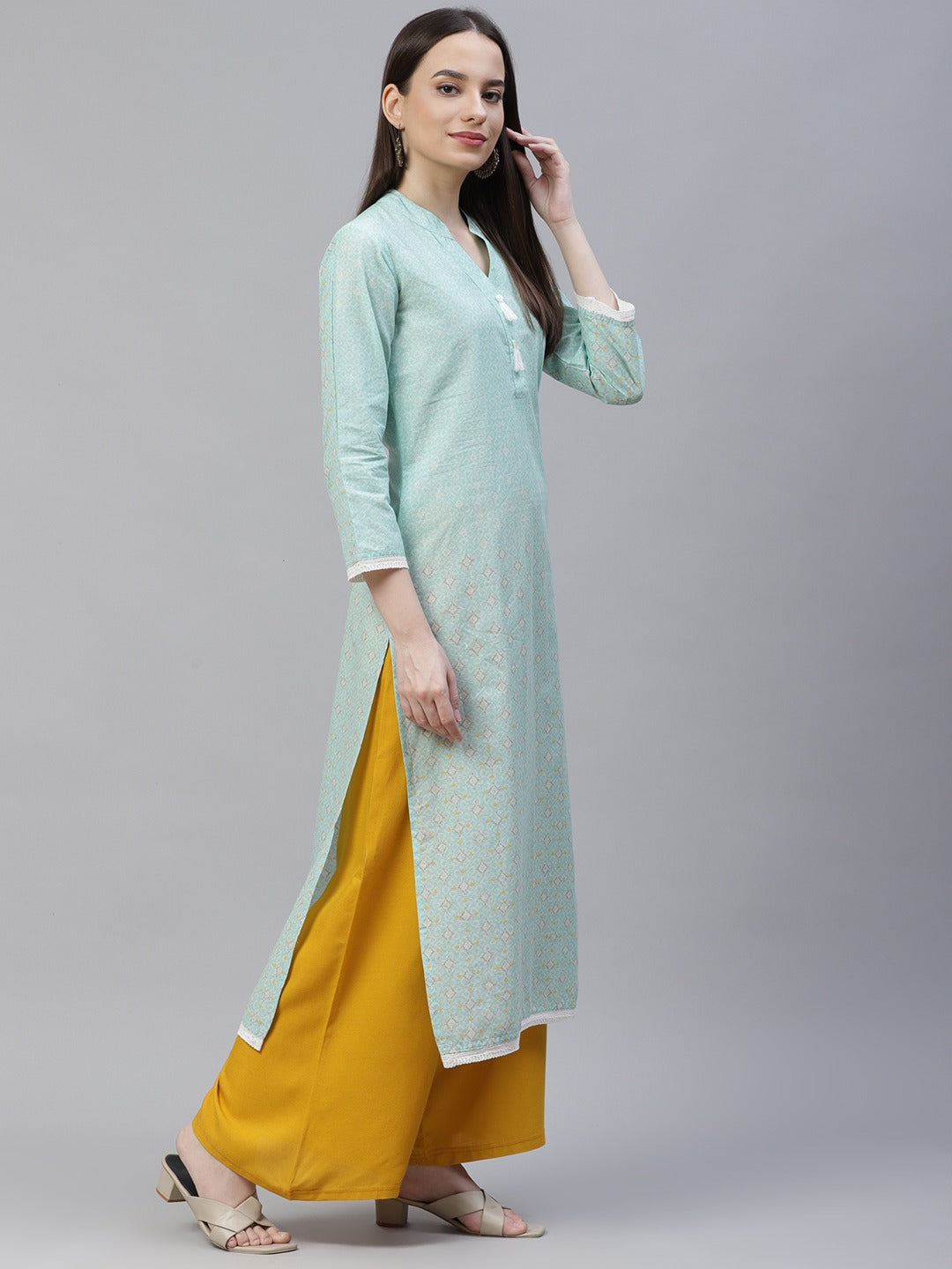 Jompers Women Blue & Off White Pure Cotton Ethnic Motifs Printed Kurta | Grocsy