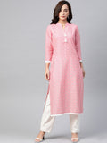 Jompers Women Pink & Off White Pure Cotton Ethnic Motifs Printed Kurta | Grocsy