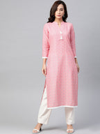 Jompers Women Pink & Off White Pure Cotton Ethnic Motifs Printed Kurta | Grocsy
