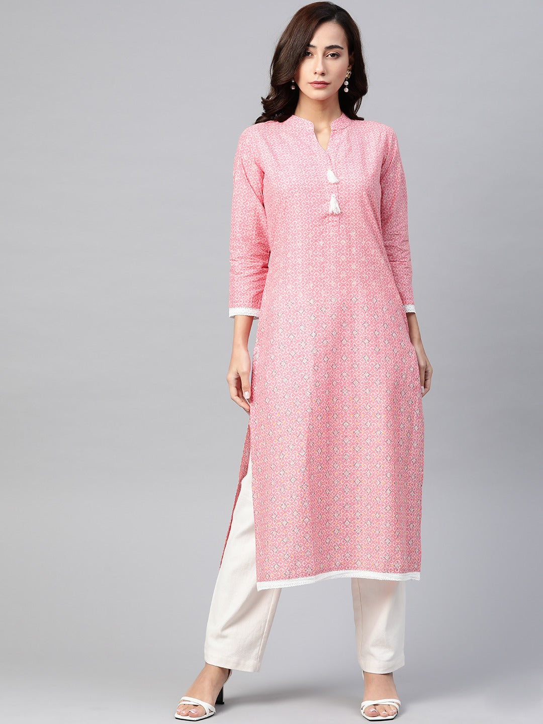 Jompers Women Pink & Off White Pure Cotton Ethnic Motifs Printed Kurta | Grocsy
