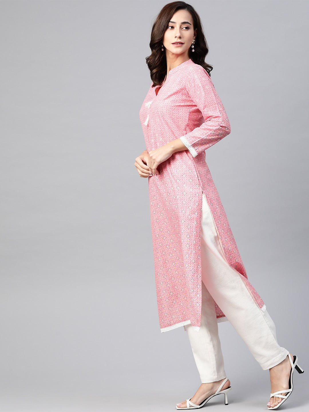 Jompers Women Pink & Off White Pure Cotton Ethnic Motifs Printed Kurta | Grocsy