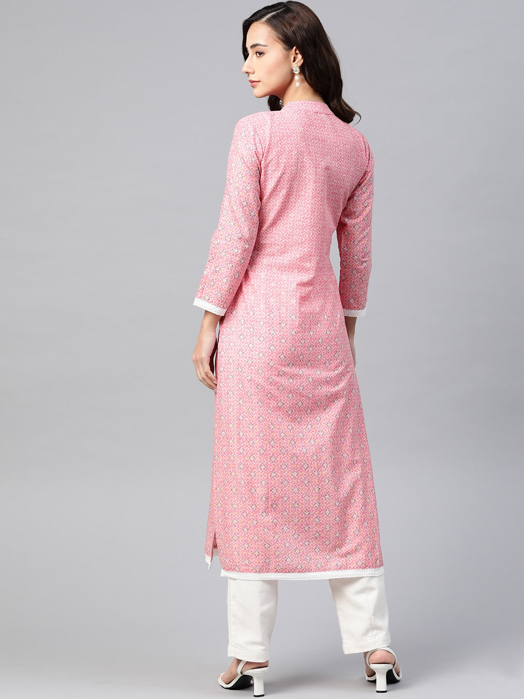 Jompers Women Pink & Off White Pure Cotton Ethnic Motifs Printed Kurta | Grocsy