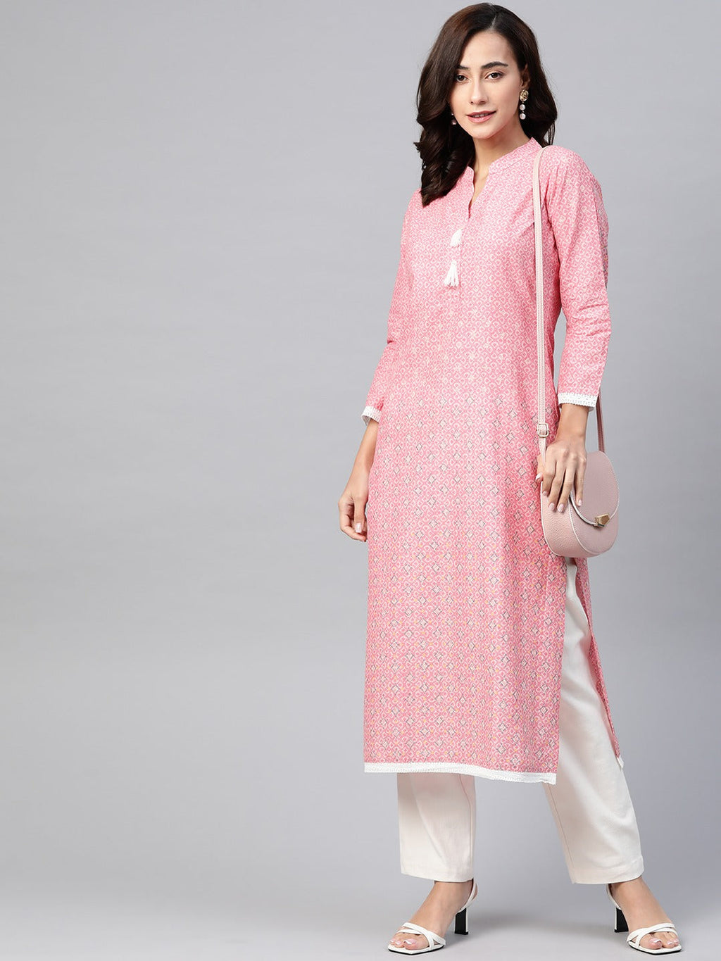 Jompers Women Pink & Off White Pure Cotton Ethnic Motifs Printed Kurta | Grocsy