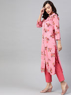 Jompers Women Pink & Olive Green Floral Printed Frills Straight Kurta | Grocsy