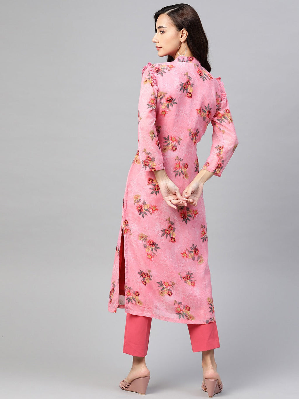 Jompers Women Pink & Olive Green Floral Printed Frills Straight Kurta | Grocsy