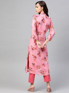 Jompers Women Pink & Olive Green Floral Printed Frills Straight Kurta | Grocsy