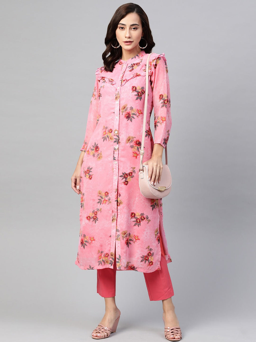 Jompers Women Pink & Olive Green Floral Printed Frills Straight Kurta | Grocsy