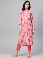 Jompers Women Pink & Olive Green Floral Printed Frills Straight Kurta | Grocsy