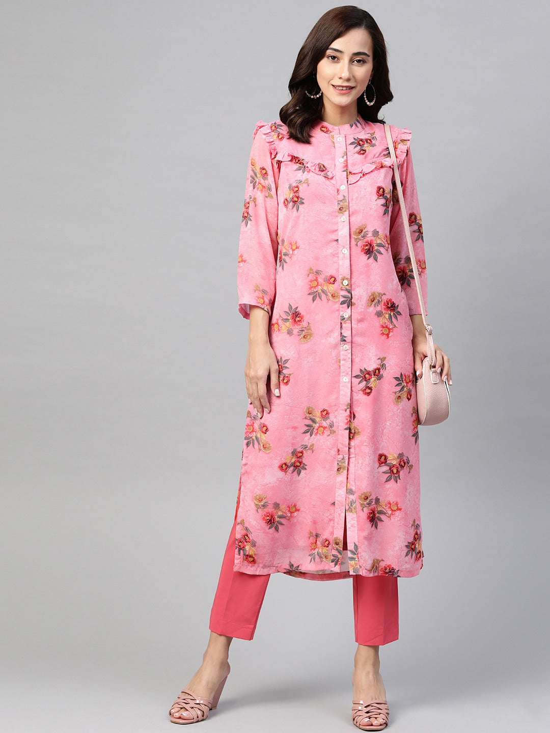 Jompers Women Pink & Olive Green Floral Printed Frills Straight Kurta | Grocsy