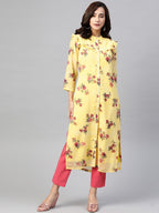 Jompers Women Yelloe & Pink Floral Printed Frills Bows and Ruffles Straight Kurta | Grocsy