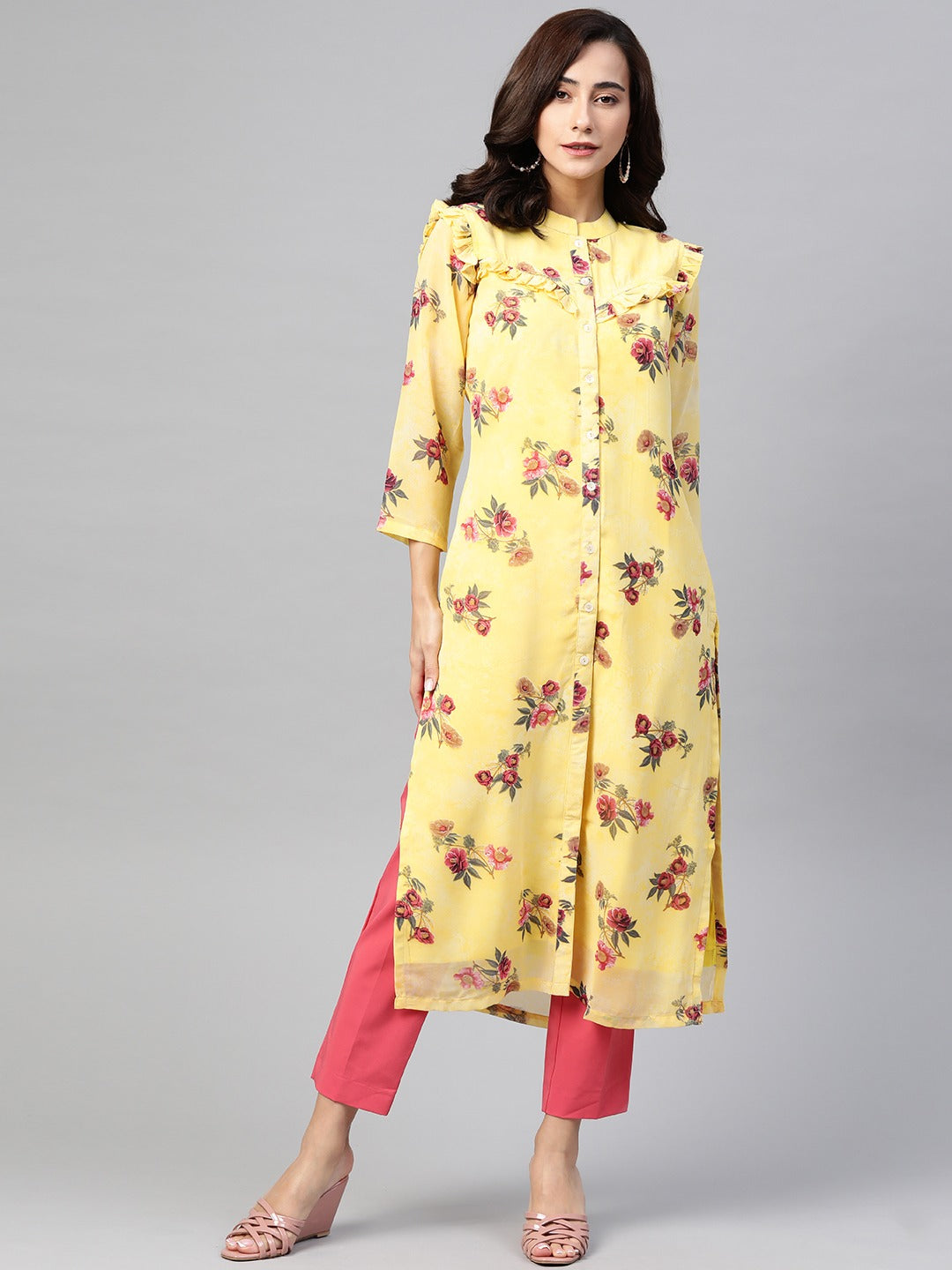 Jompers Women Yelloe & Pink Floral Printed Frills Bows and Ruffles Straight Kurta | Grocsy
