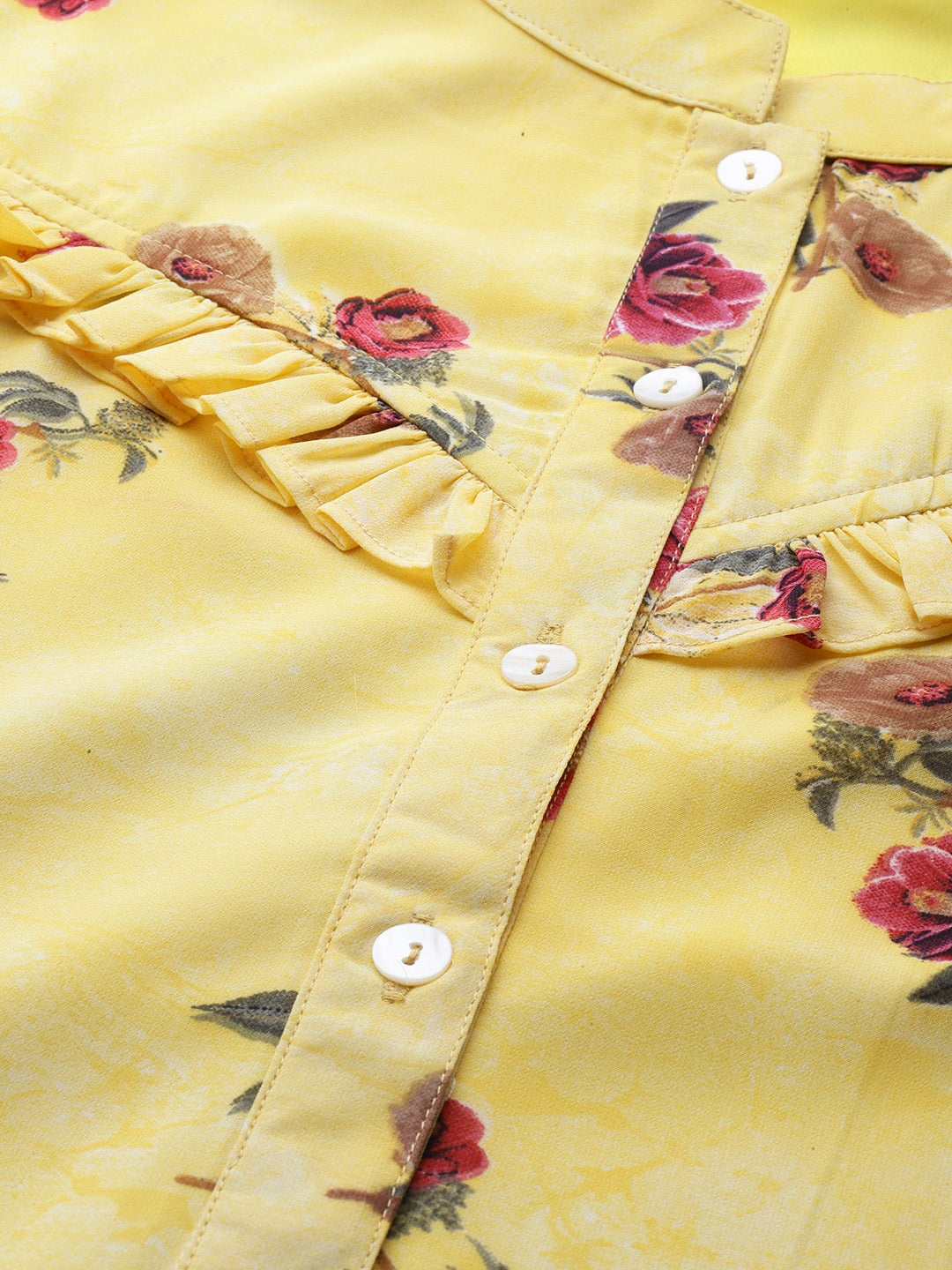 Jompers Women Yelloe & Pink Floral Printed Frills Bows and Ruffles Straight Kurta | Grocsy