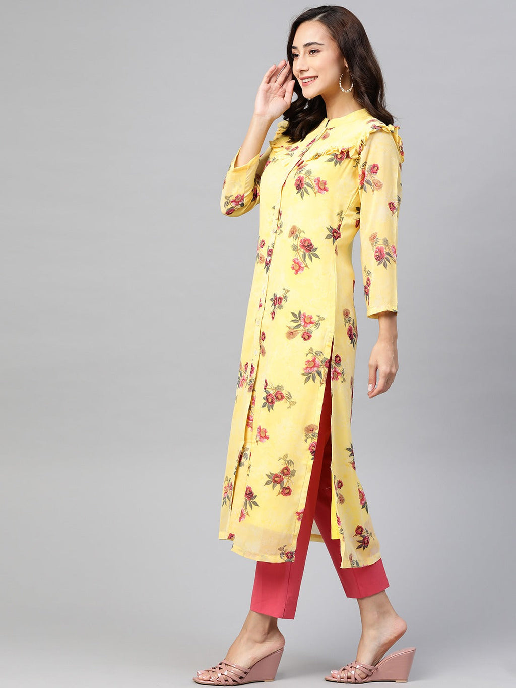 Jompers Women Yelloe & Pink Floral Printed Frills Bows and Ruffles Straight Kurta | Grocsy