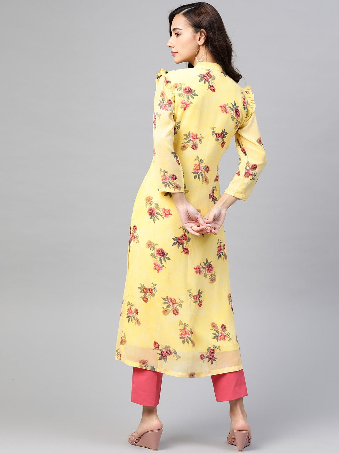 Jompers Women Yelloe & Pink Floral Printed Frills Bows and Ruffles Straight Kurta | Grocsy