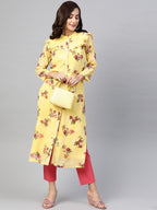 Jompers Women Yelloe & Pink Floral Printed Frills Bows and Ruffles Straight Kurta | Grocsy