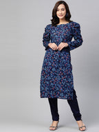 Jompers Women Navy Blue & Red Floral Printed Floral Straight Kurta | Grocsy
