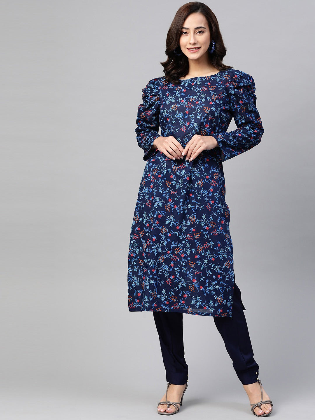 Jompers Women Navy Blue & Red Floral Printed Floral Straight Kurta | Grocsy