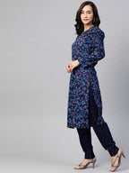 Jompers Women Navy Blue & Red Floral Printed Floral Straight Kurta | Grocsy