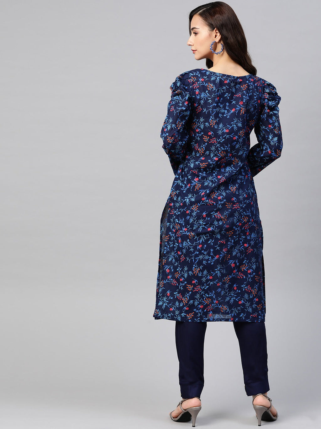 Jompers Women Navy Blue & Red Floral Printed Floral Straight Kurta | Grocsy