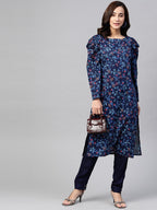 Jompers Women Navy Blue & Red Floral Printed Floral Straight Kurta | Grocsy