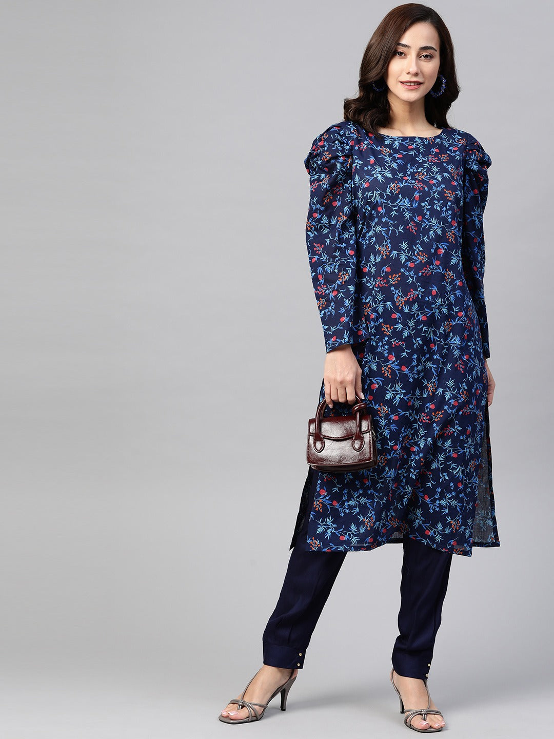 Jompers Women Navy Blue & Red Floral Printed Floral Straight Kurta | Grocsy