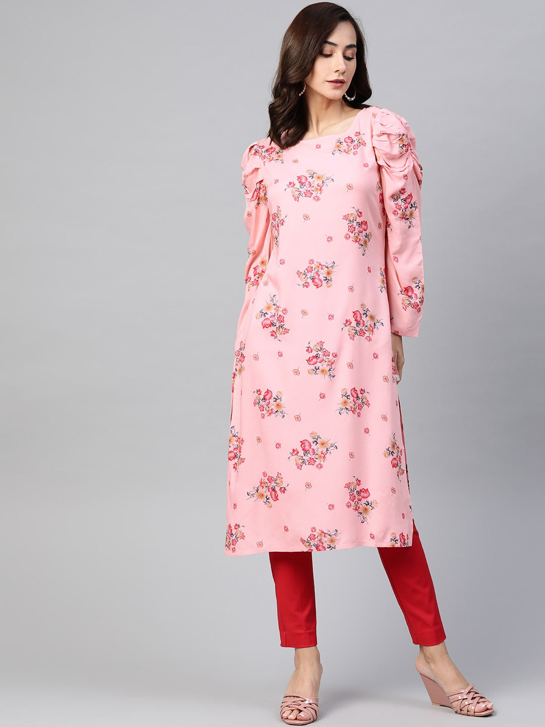 Jompers Women Pink & Red Floral Printed Kurta | Grocsy
