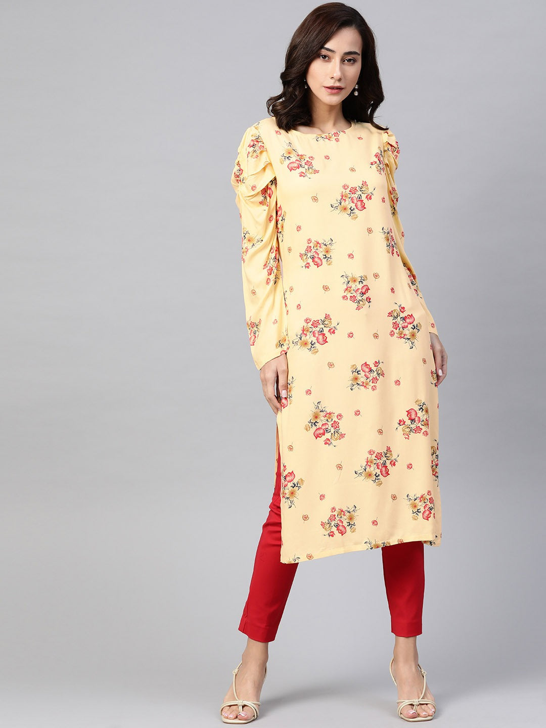 Jompers Women Yellow & Red Floral Printed Kurta | Grocsy