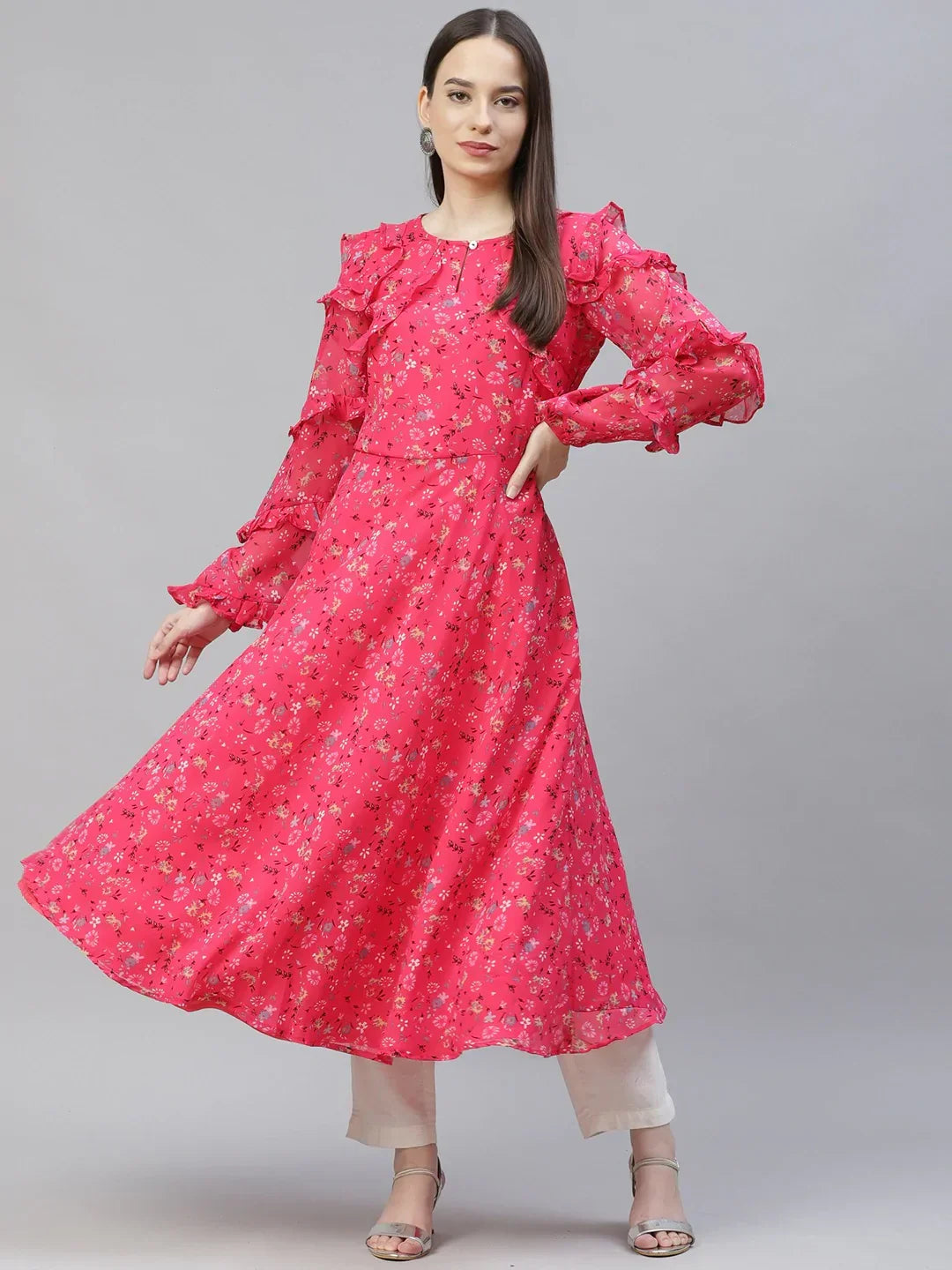 Jompers Women's Pink Ditsy Floral Printed Floral Georgette Anarkali Kurta with Frills | Grocsy