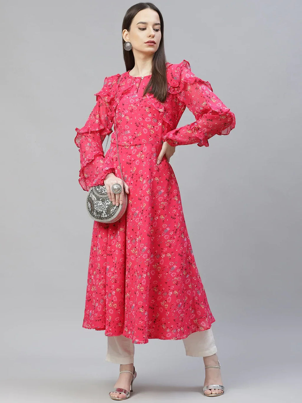 Jompers Women's Pink Ditsy Floral Printed Floral Georgette Anarkali Kurta with Frills | Grocsy