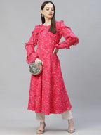 Jompers Women's Pink Ditsy Floral Printed Floral Georgette Anarkali Kurta with Frills | Grocsy
