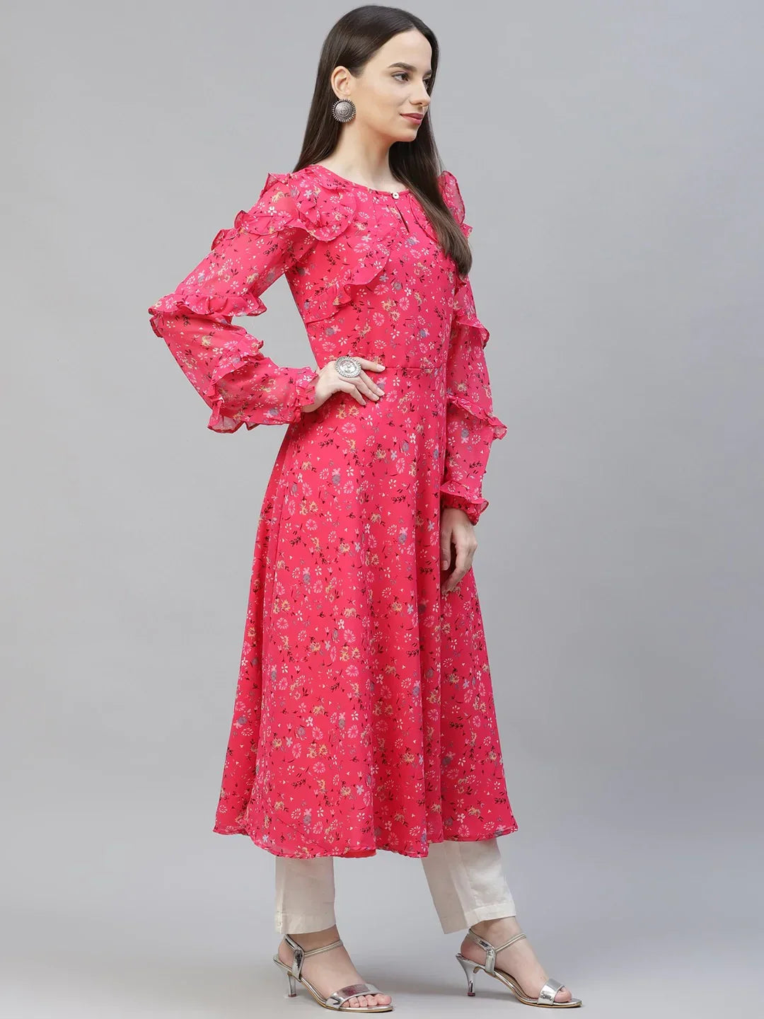 Jompers Women's Pink Ditsy Floral Printed Floral Georgette Anarkali Kurta with Frills | Grocsy