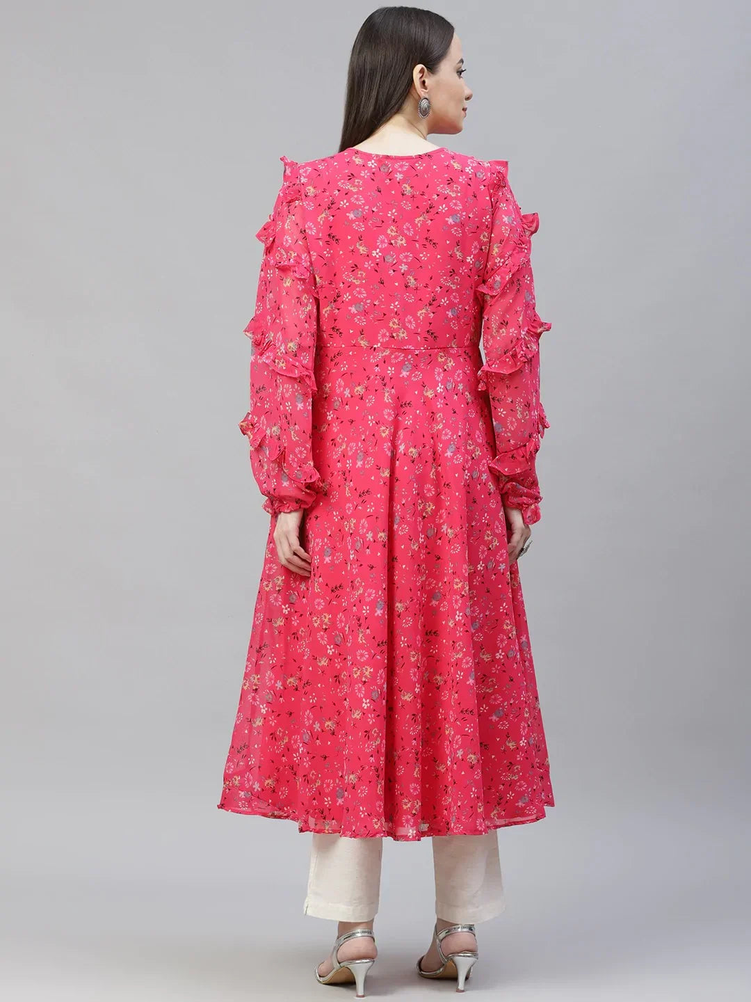 Jompers Women's Pink Ditsy Floral Printed Floral Georgette Anarkali Kurta with Frills | Grocsy