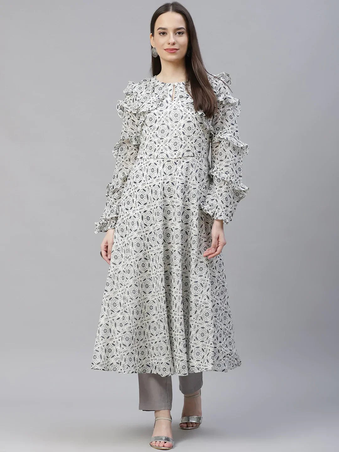 Jompers Women's White Geometric Printed Anarkali Kurta with Frills | Grocsy