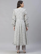 Jompers Women's White Geometric Printed Anarkali Kurta with Frills | Grocsy