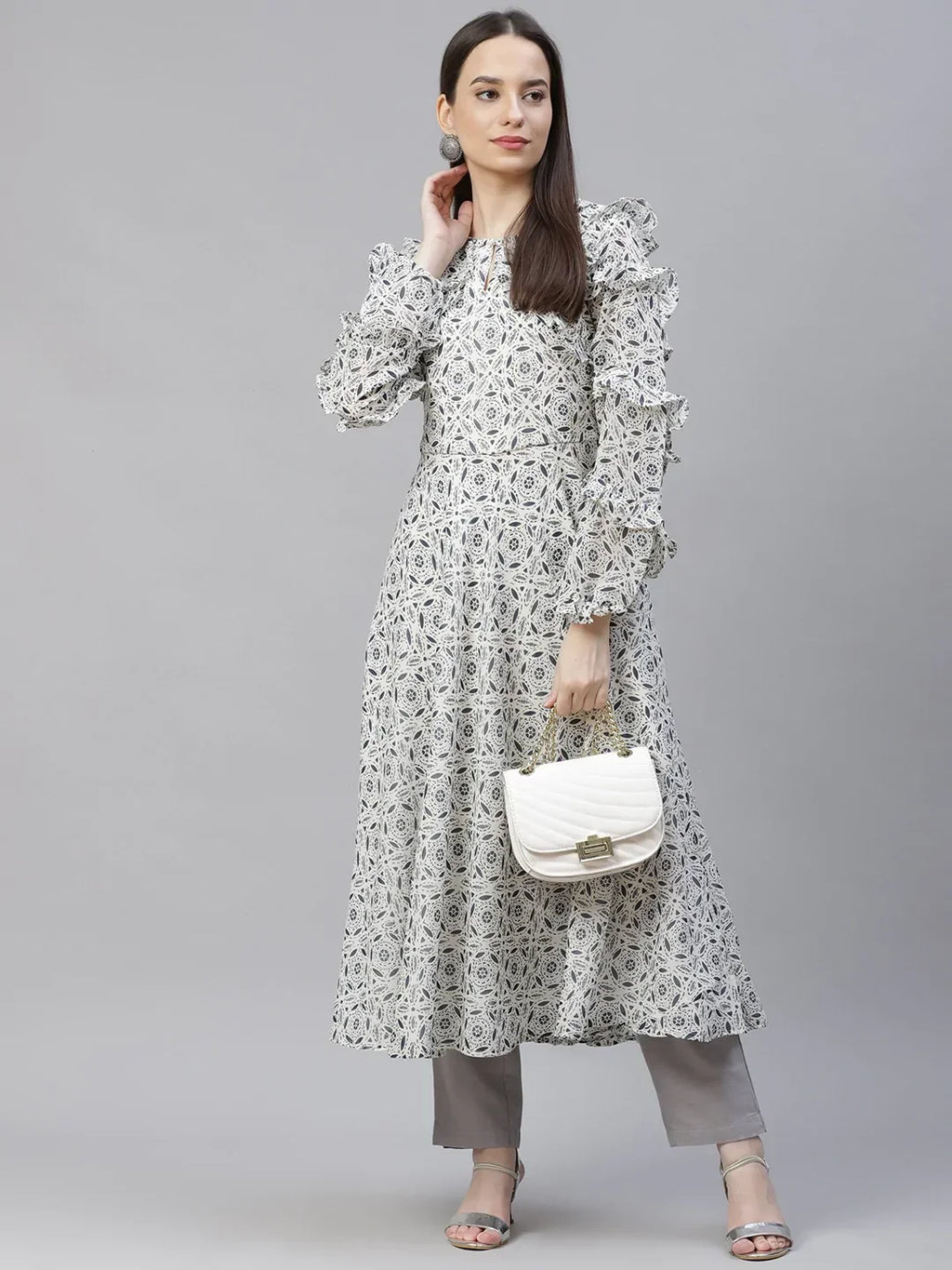 Jompers Women's White Geometric Printed Anarkali Kurta with Frills | Grocsy