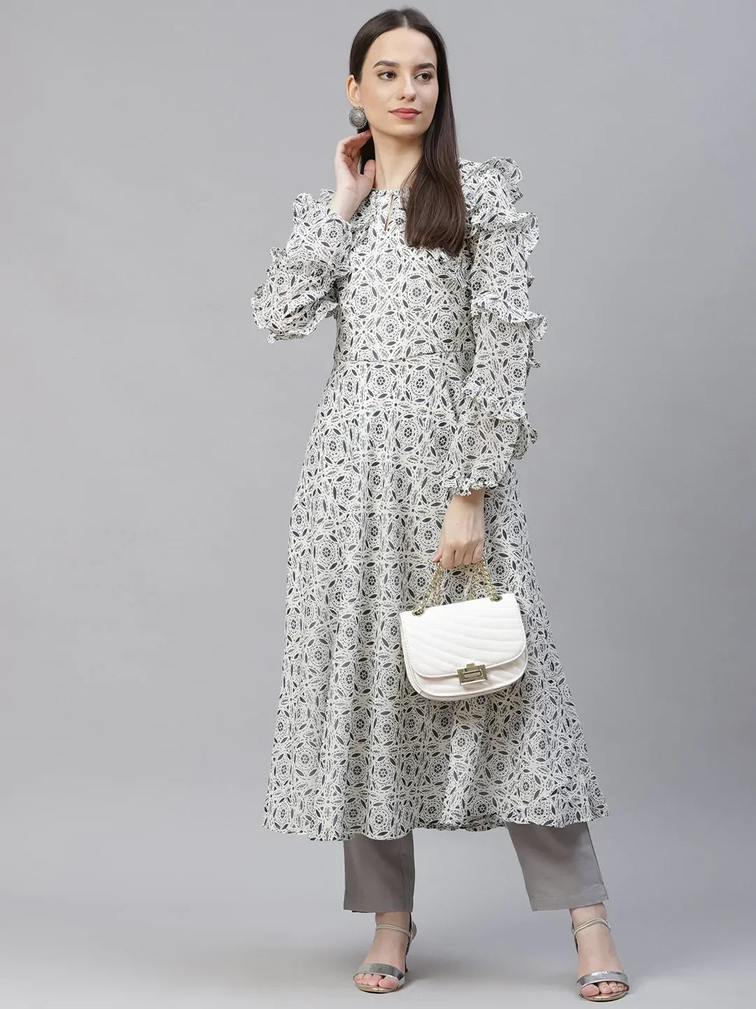 Jompers Women's White Geometric Printed Anarkali Kurta with Frills | Grocsy