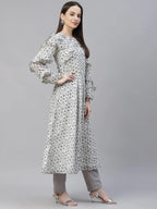 Jompers Women's White Geometric Printed Anarkali Kurta with Frills | Grocsy