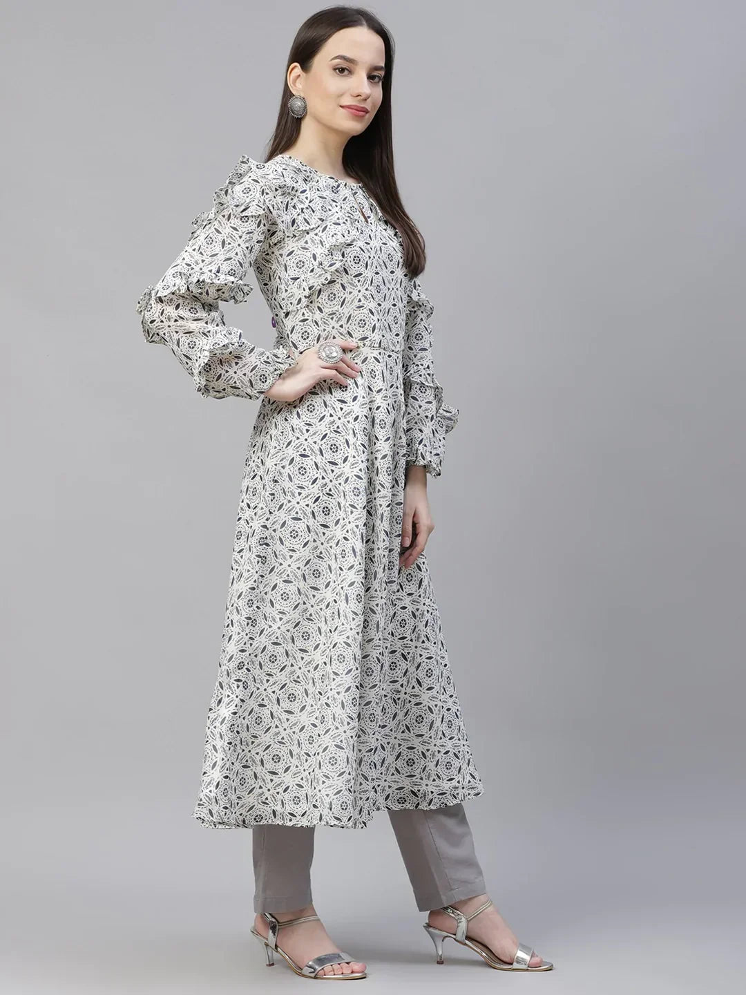 Jompers Women's White Geometric Printed Anarkali Kurta with Frills | Grocsy