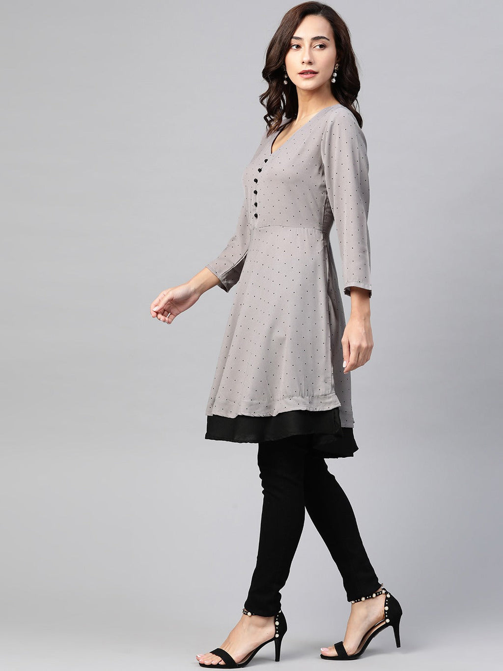 Jompers Women Grey & Black Polka Dots Printed Flaired Kurta | Grocsy