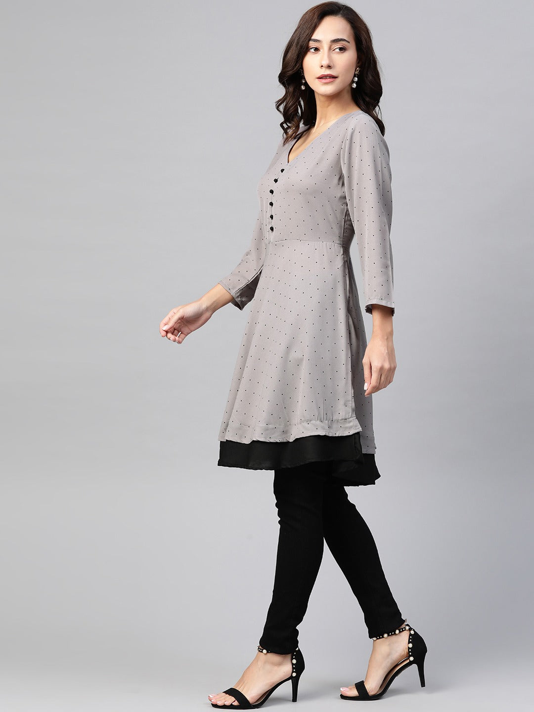 Jompers Women Grey & Black Polka Dots Printed Flaired Kurta | Grocsy
