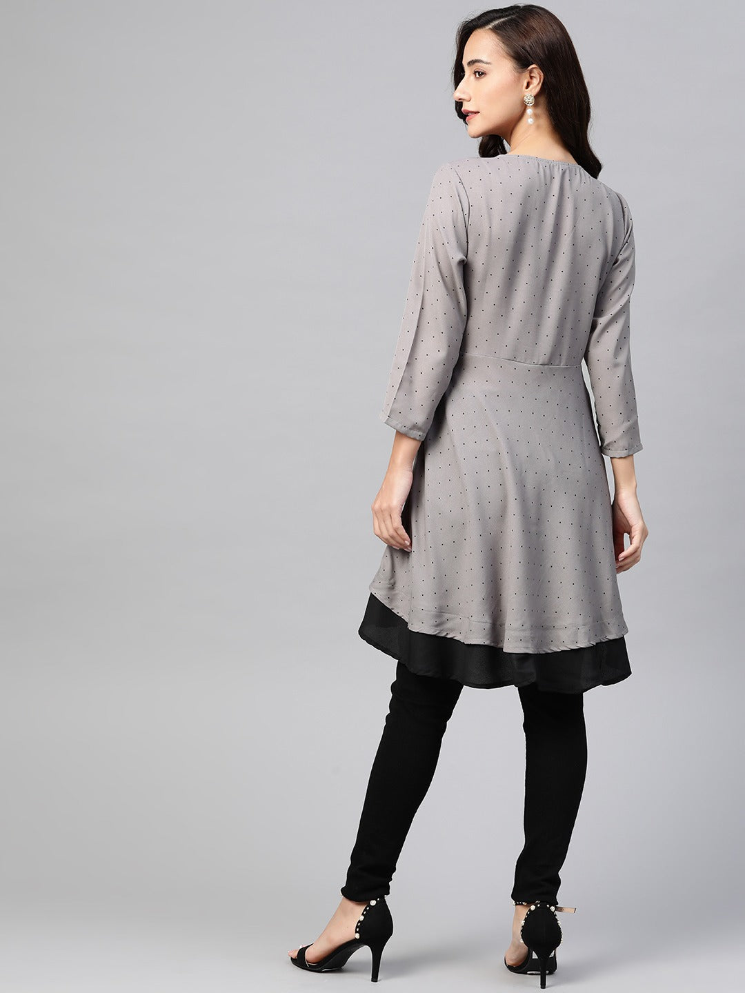 Jompers Women Grey & Black Polka Dots Printed Flaired Kurta | Grocsy